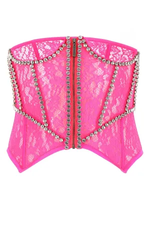 Area Lace Detailed Zip-Up Strapless Top