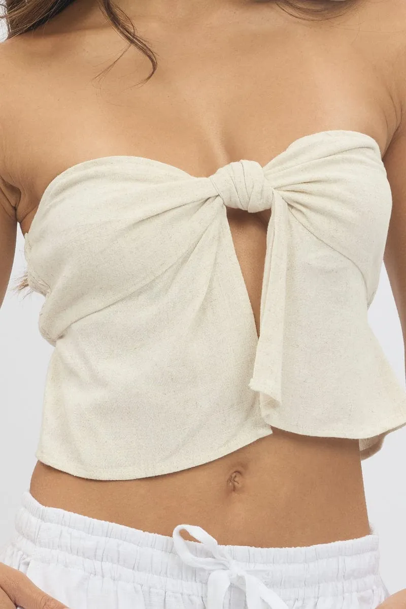 Beige Tube Top Strapless Open Front Linen Blend