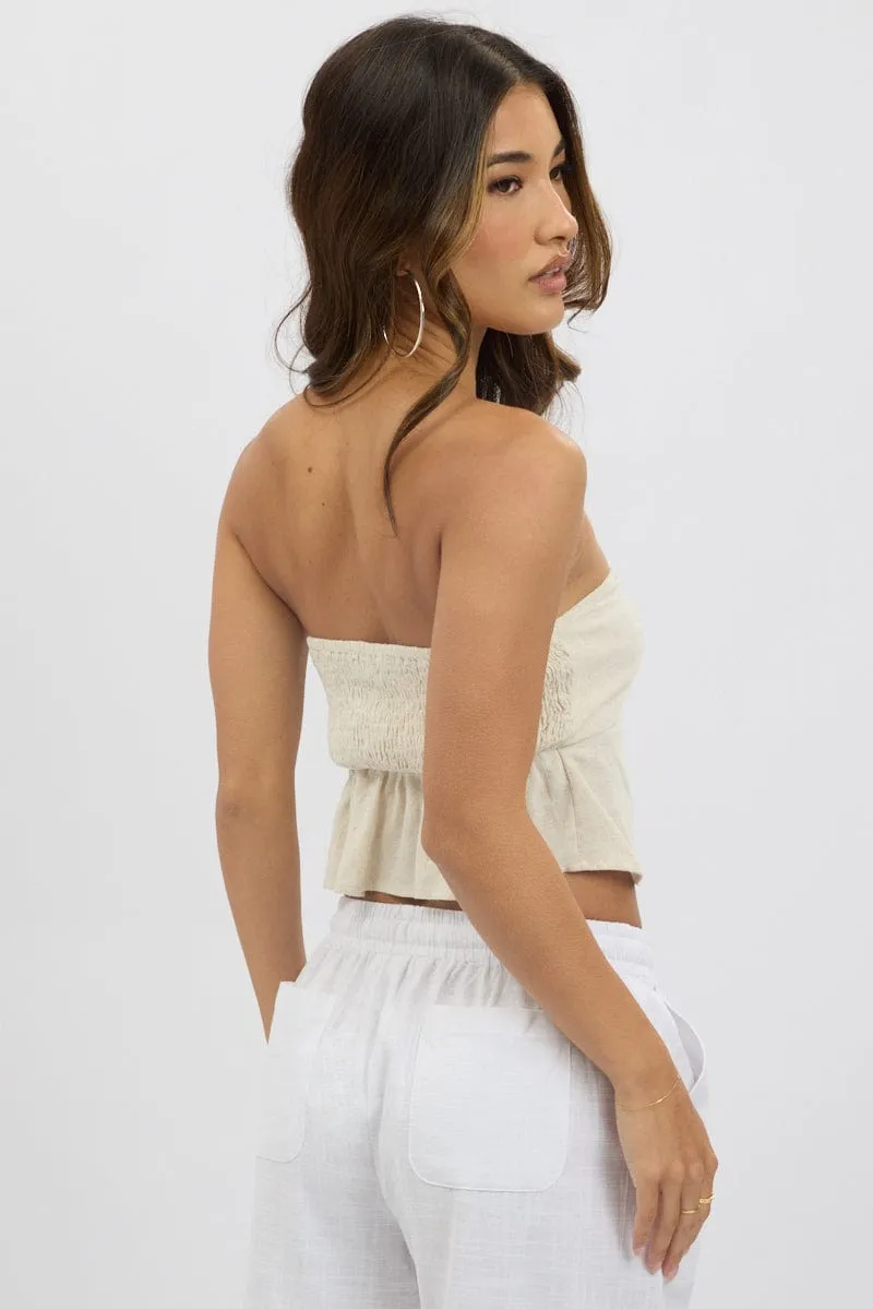 Beige Tube Top Strapless Open Front Linen Blend