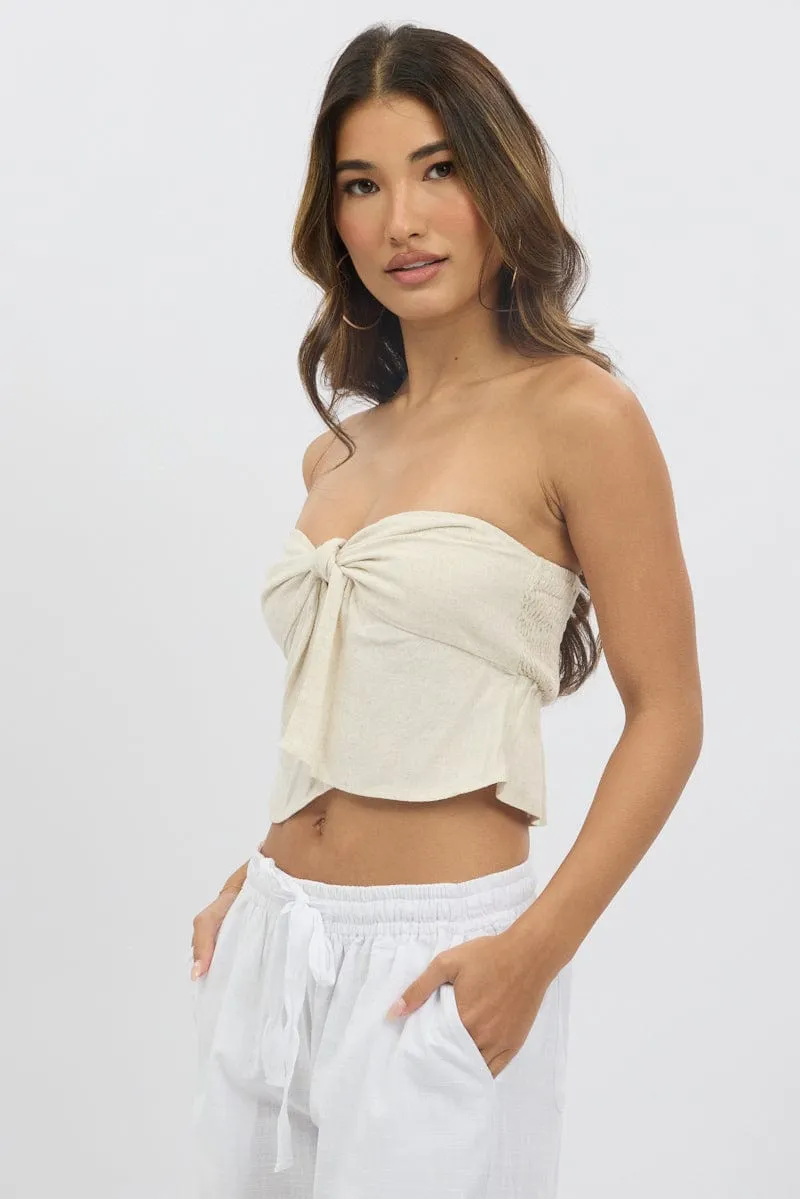 Beige Tube Top Strapless Open Front Linen Blend