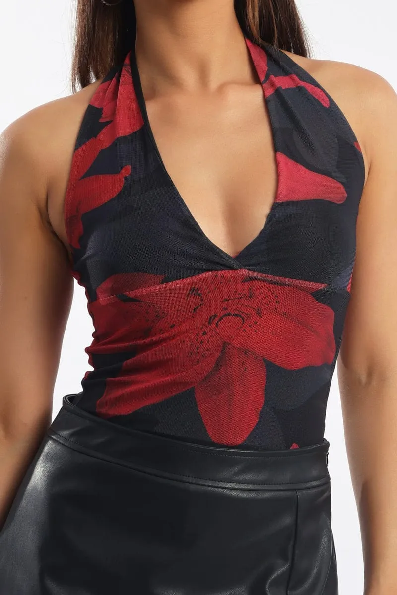 Black Floral Halter Neck Top Mesh