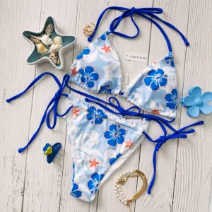 Blue Floral Print Halter Tie Side Triangle Bikini Set