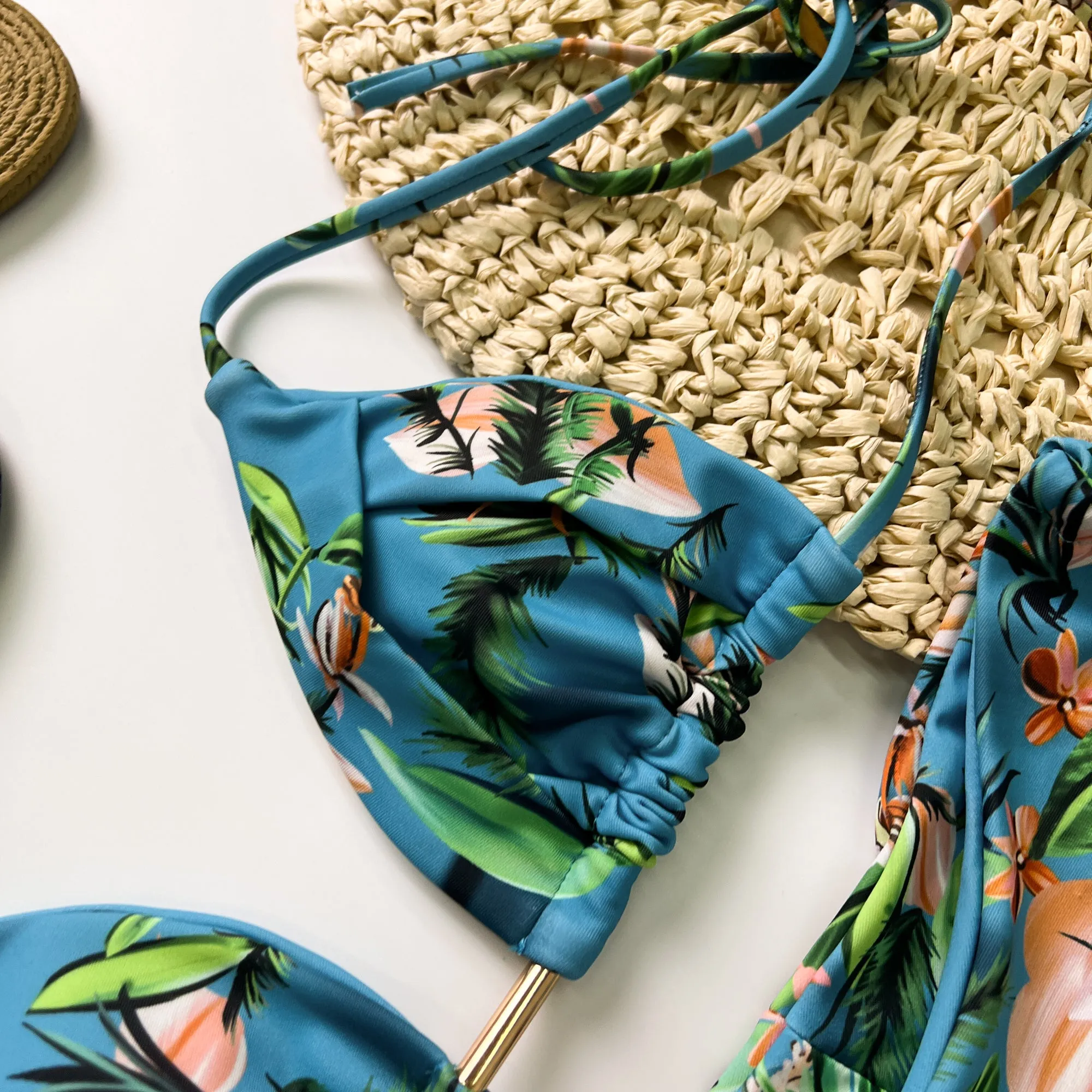 Blue Tropical Print Lace Up Bikini Set