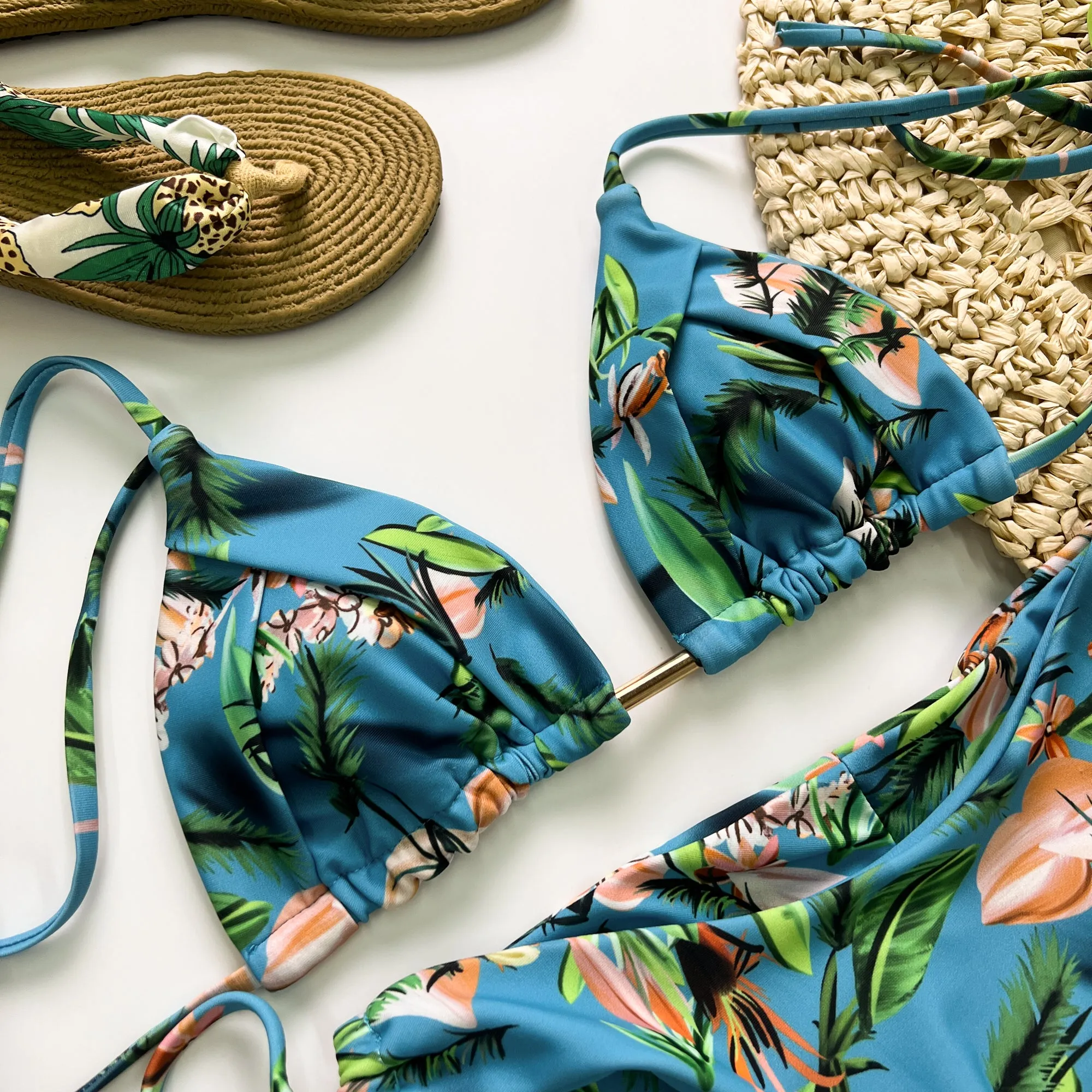 Blue Tropical Print Lace Up Bikini Set