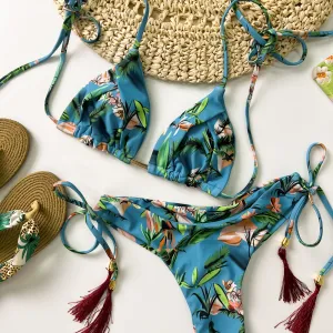 Blue Tropical Print Lace Up Bikini Set