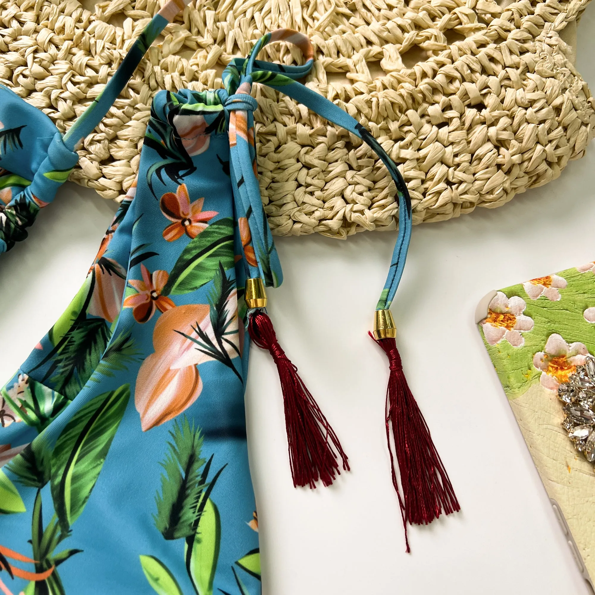 Blue Tropical Print Lace Up Bikini Set