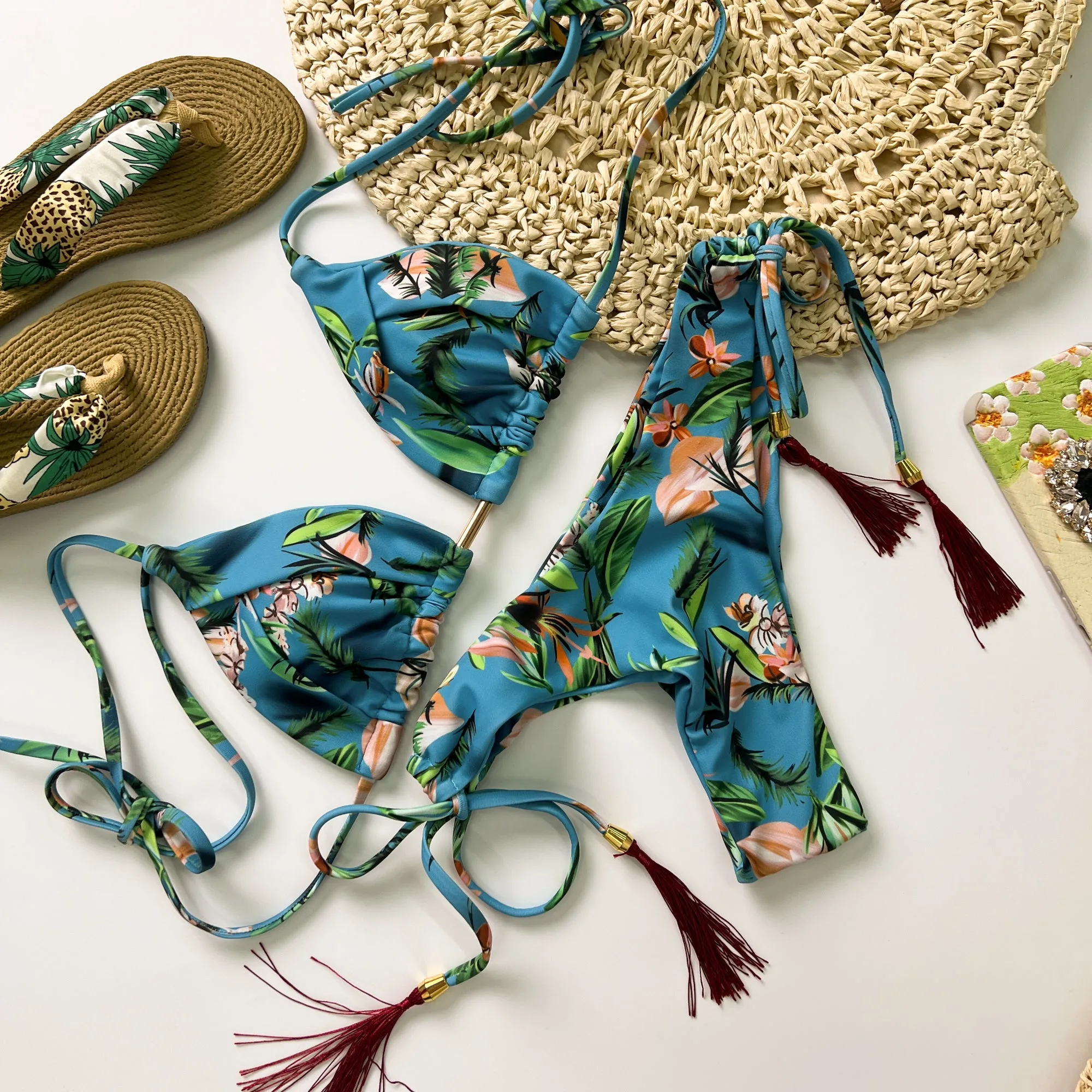 Blue Tropical Print Lace Up Bikini Set