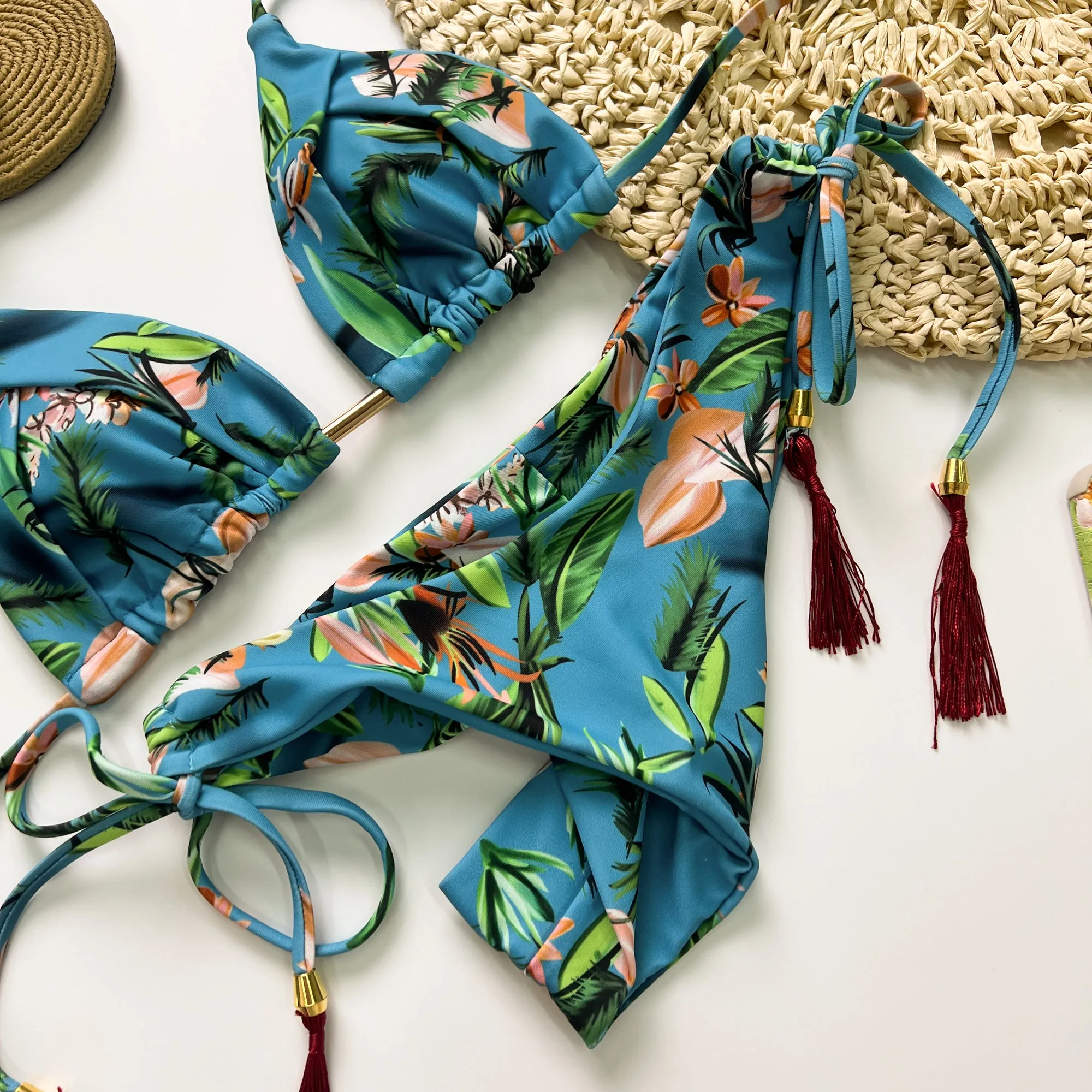 Blue Tropical Print Lace Up Bikini Set