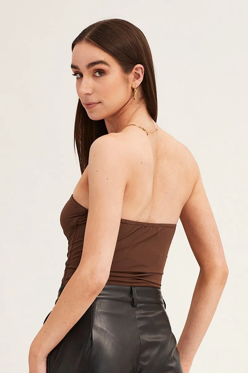 Brown Ruched Front Strapless Bodysuit