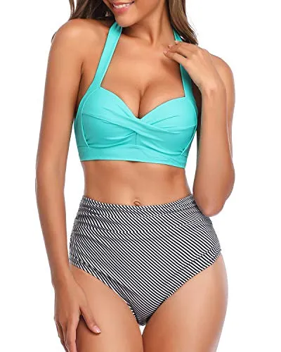 Classic Two Piece High Waisted Halter Push Up Bikini-Aqua Stripe
