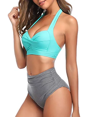 Classic Two Piece High Waisted Halter Push Up Bikini-Aqua Stripe