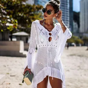 Crochet White Knitted Beach Cover