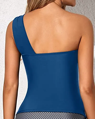 Flattering One Shoulder Swimsuit Top Padded Bra Swim Tops-Blue
