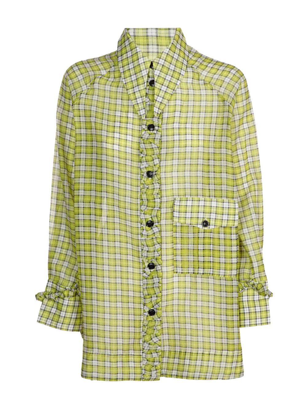 Ganni Drop Shoulder Plaid Ruffled Placket Shirt
