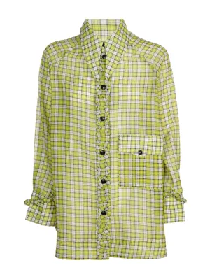 Ganni Drop Shoulder Plaid Ruffled Placket Shirt