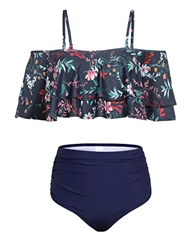 Gorgeous Two Piece High Waisted Ruffle Bikini Set-Blue Colorul Flowers