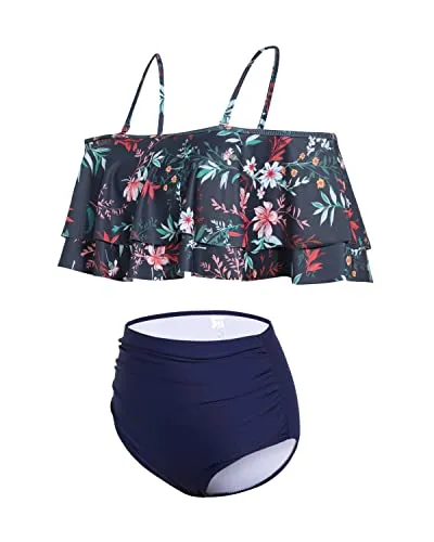 Gorgeous Two Piece High Waisted Ruffle Bikini Set-Blue Colorul Flowers