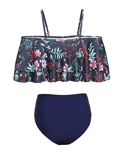 Gorgeous Two Piece High Waisted Ruffle Bikini Set-Blue Colorul Flowers