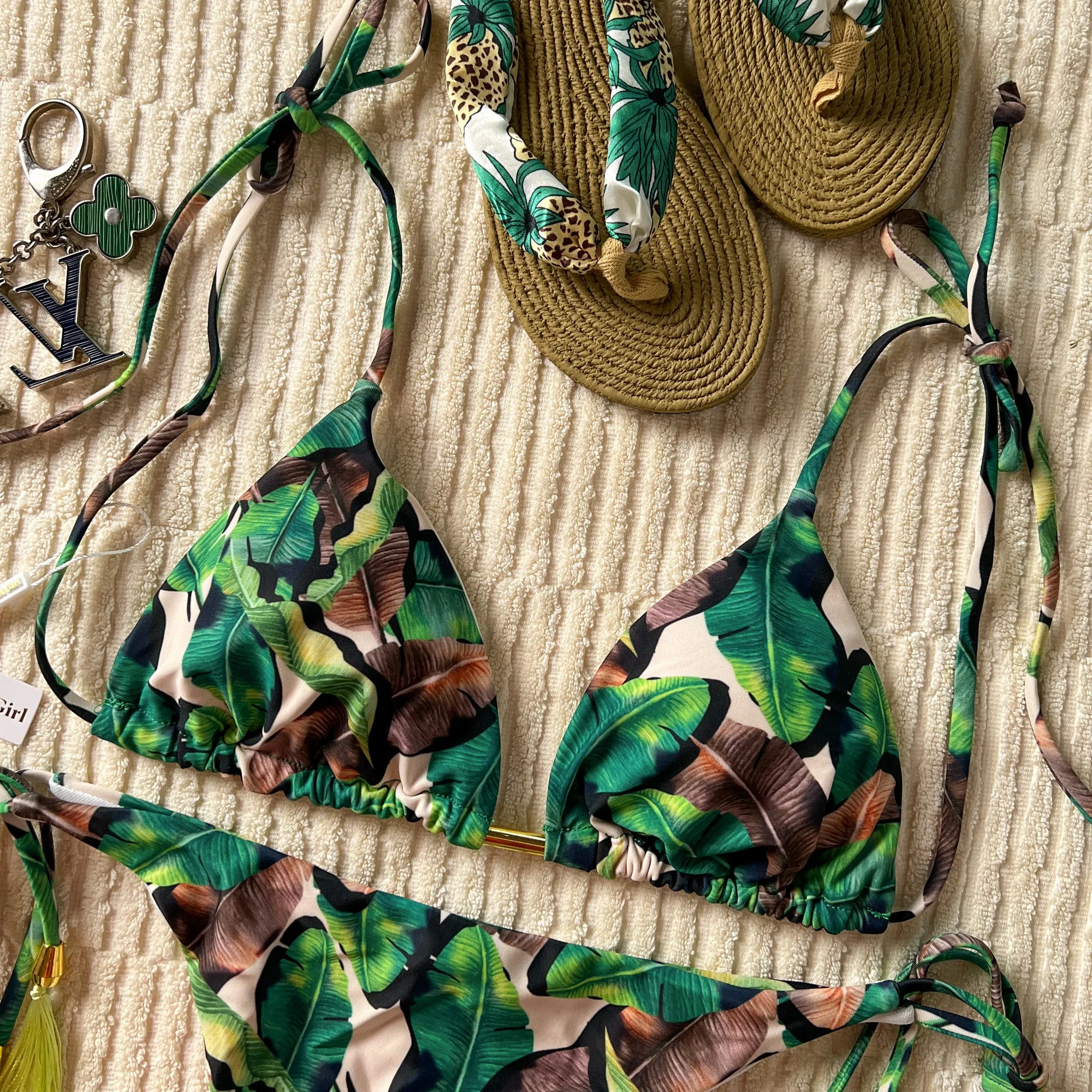 Green Tropical Leaves Halter Adjustable Triangle Bikini Set