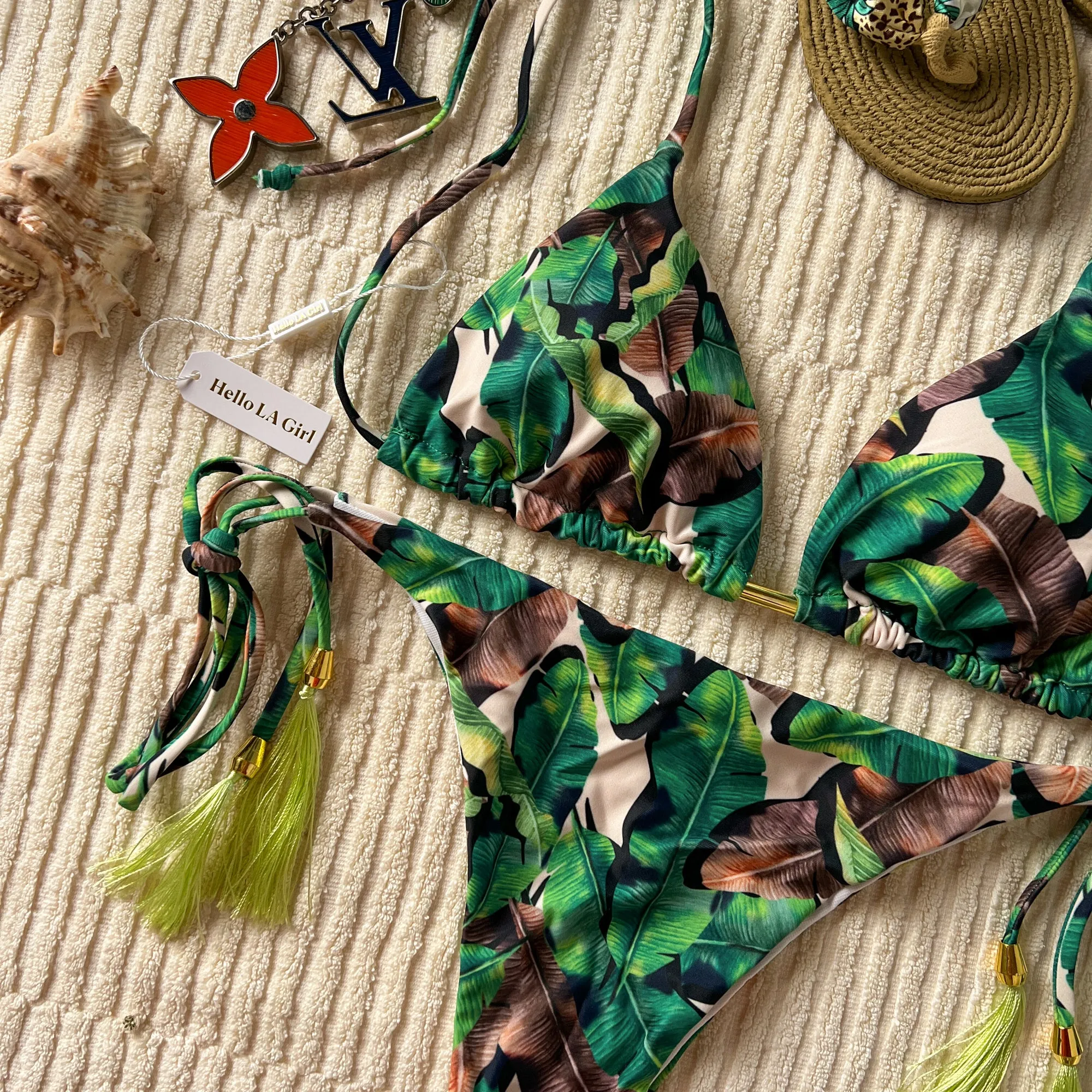 Green Tropical Leaves Halter Adjustable Triangle Bikini Set