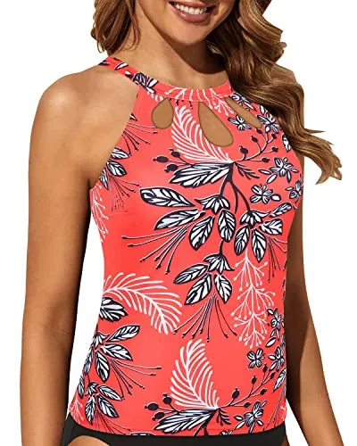 Halter Bathing Suit Tops Backless Swim Tank Top-Red Floral