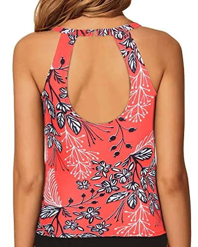 Halter Bathing Suit Tops Backless Swim Tank Top-Red Floral