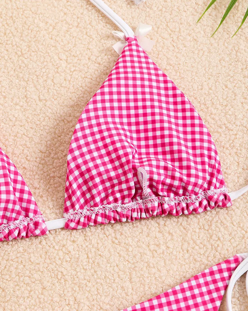 Halter Neck Tie Plaid Bikini Set