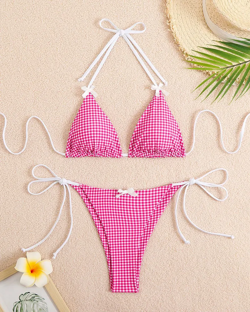 Halter Neck Tie Plaid Bikini Set
