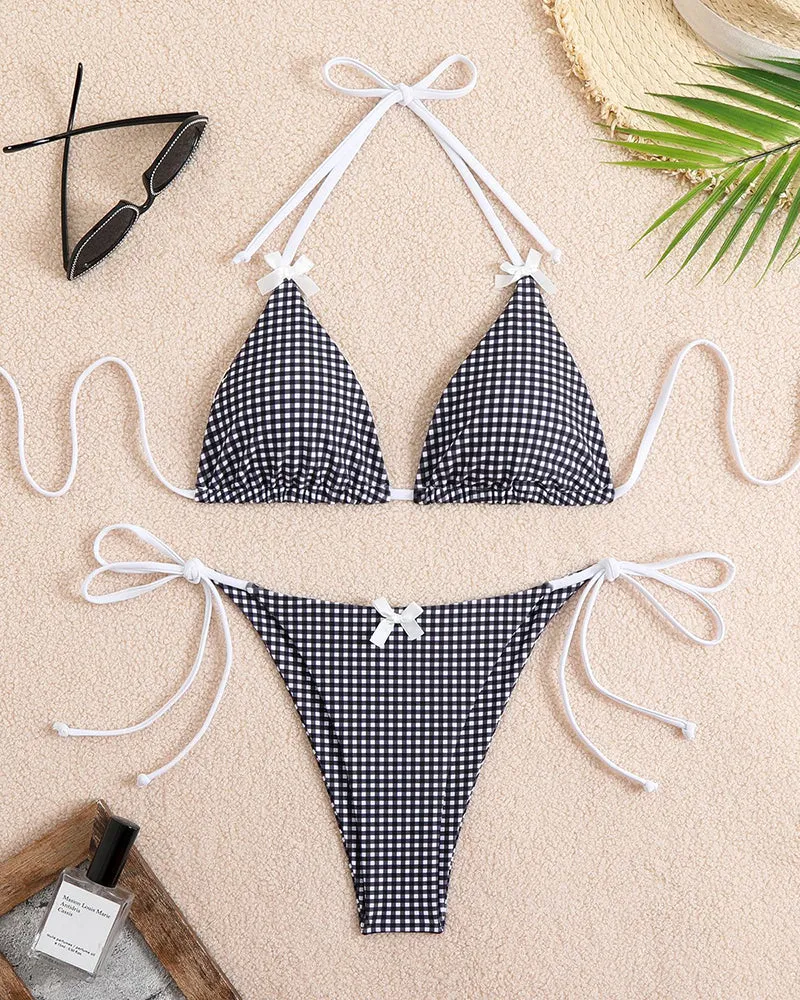 Halter Neck Tie Plaid Bikini Set