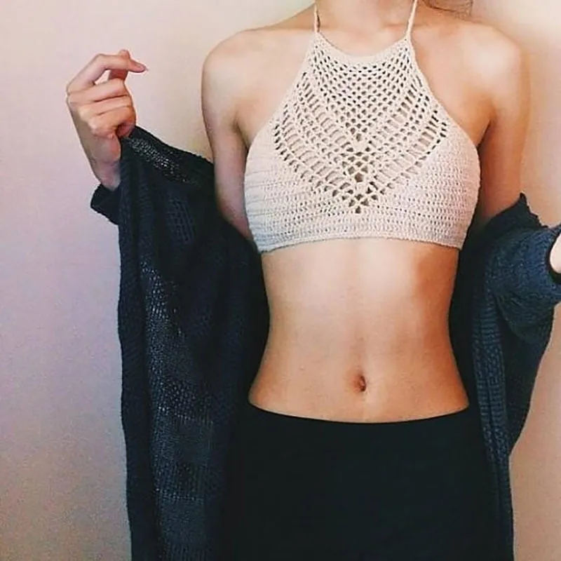 High Quality Hand Knitted Crop Top Halter Beachwear Backless Bra