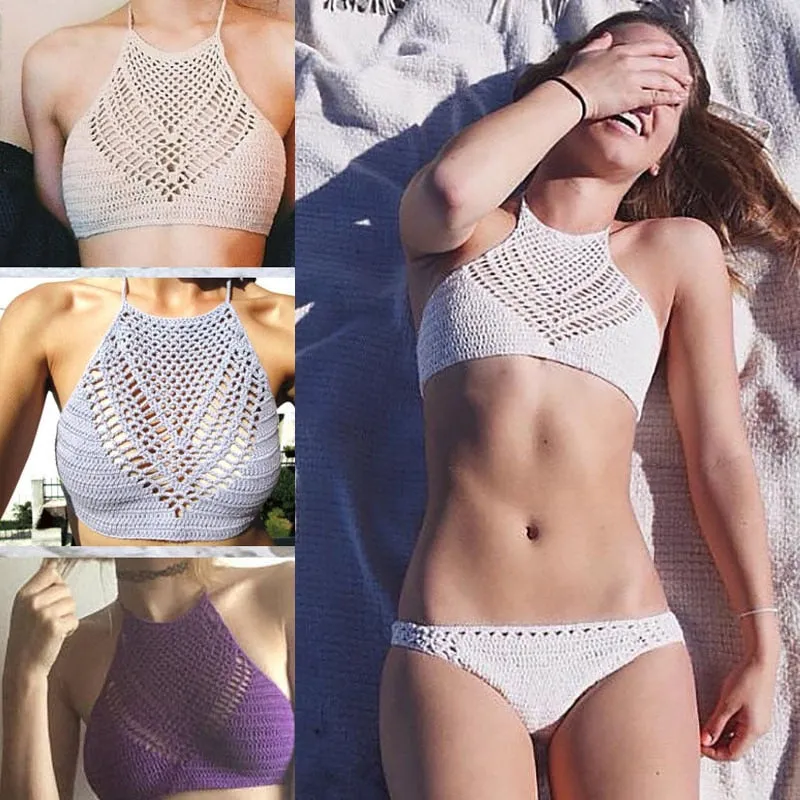 High Quality Hand Knitted Crop Top Halter Beachwear Backless Bra