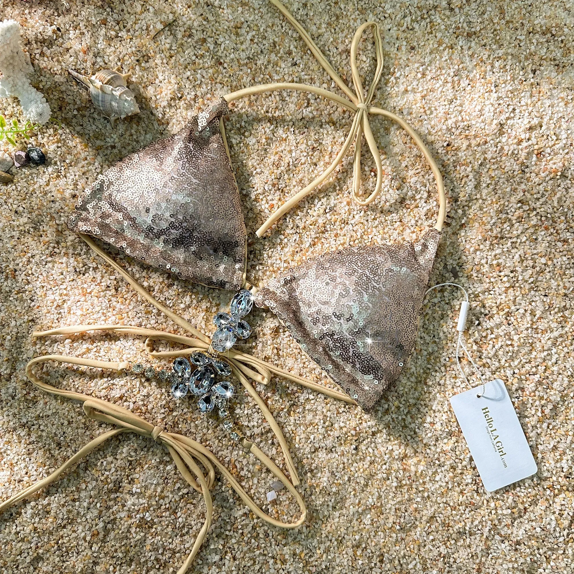 Khaki Sexy Sequin Diamond Triangle Cup Bikini