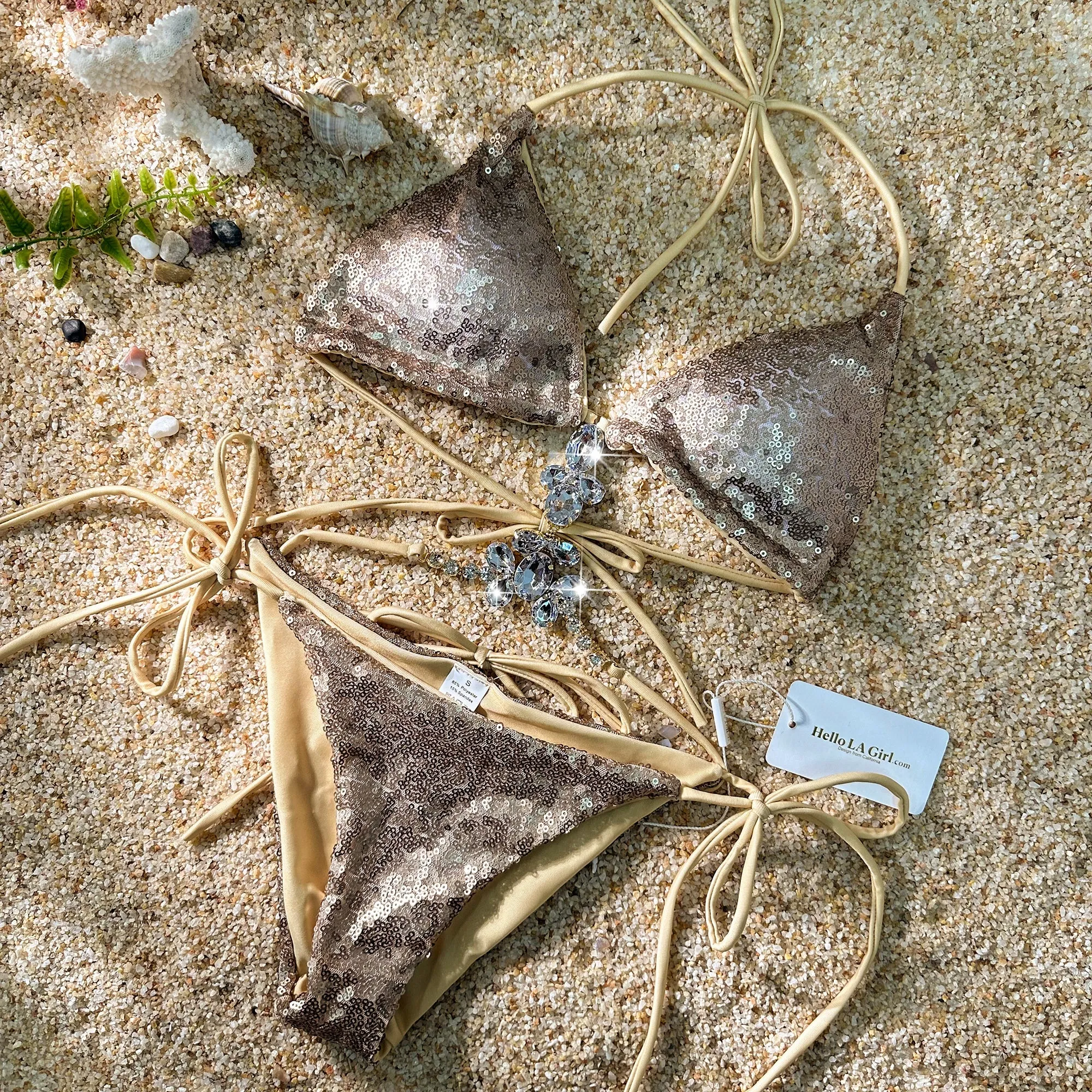 Khaki Sexy Sequin Diamond Triangle Cup Bikini