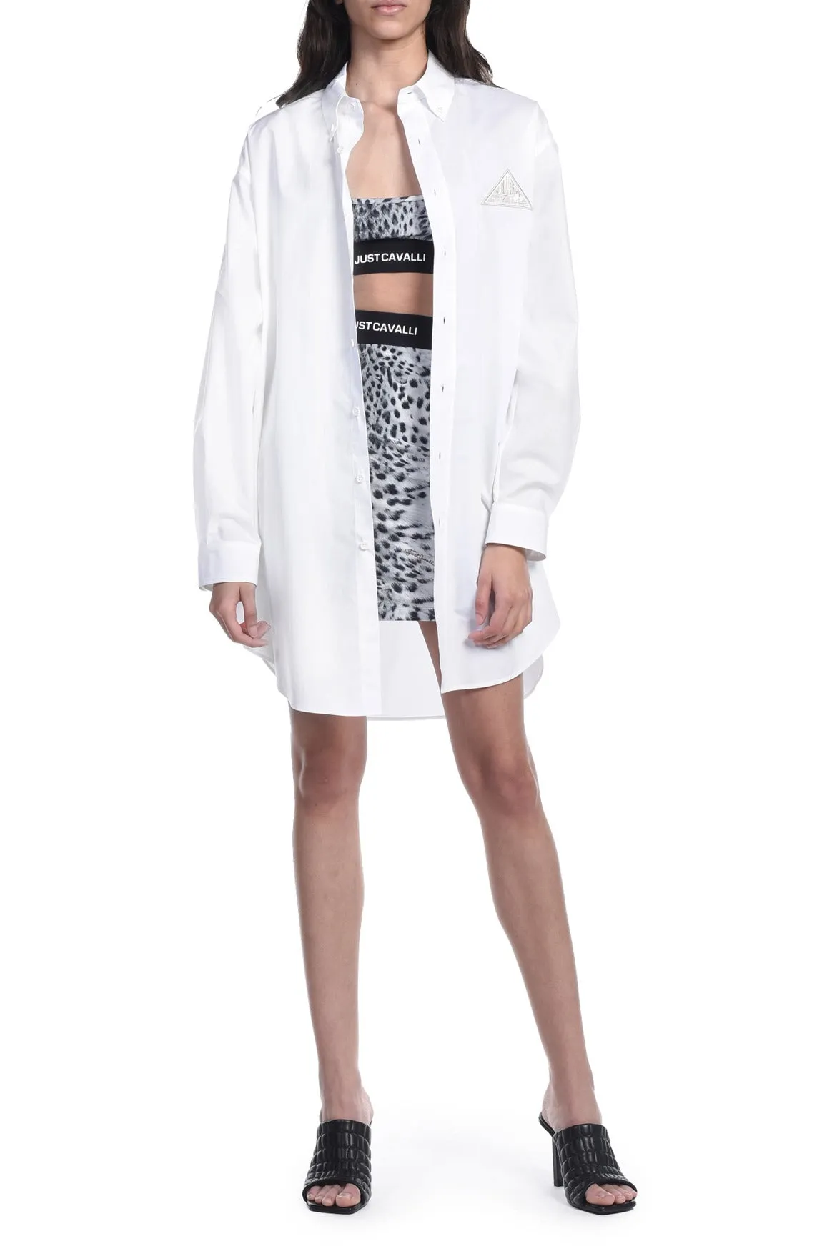 Long Sleeves Poplin Oversized Shirt Button Down Triangle Logo Embroidered At Chest