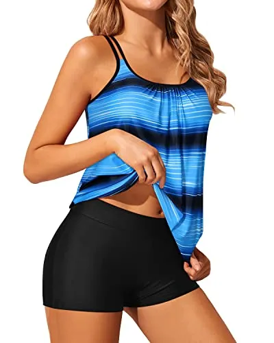 Loose Blouson Tankini Tops Blouson Tankini Swimsuits-Blue And Black Stripe
