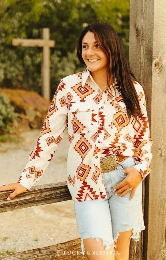 Lucky & Blessed Cream Aztec Button Down Long Sleeve Top TO066-BRAZT