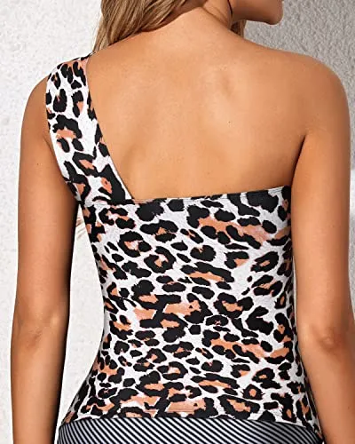 One Shoulder Ruched Bathing Suit Top Tummy Control Swim Tops-Leopard
