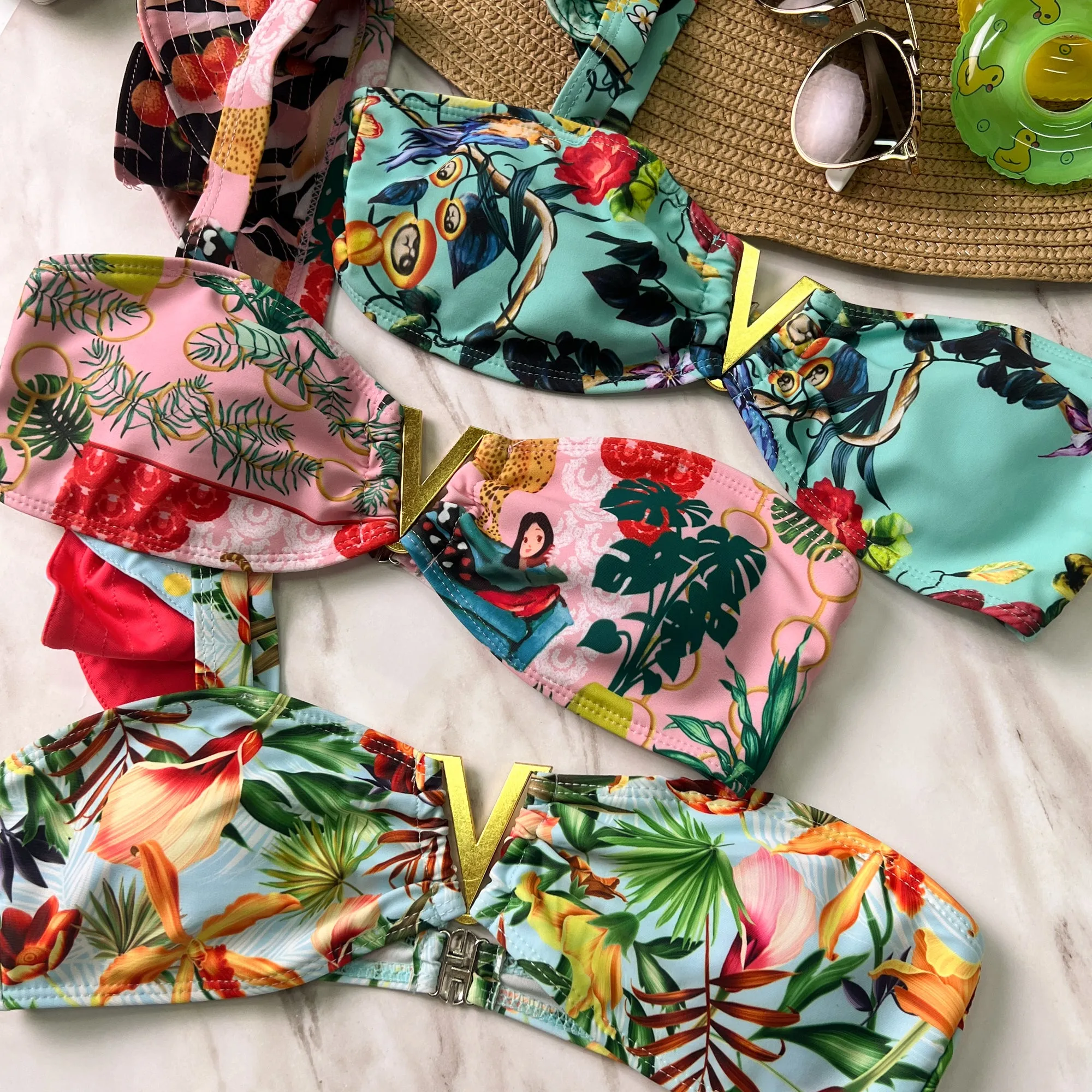 Pink Tropical Print One Shoulder Ruffle Bikini Set