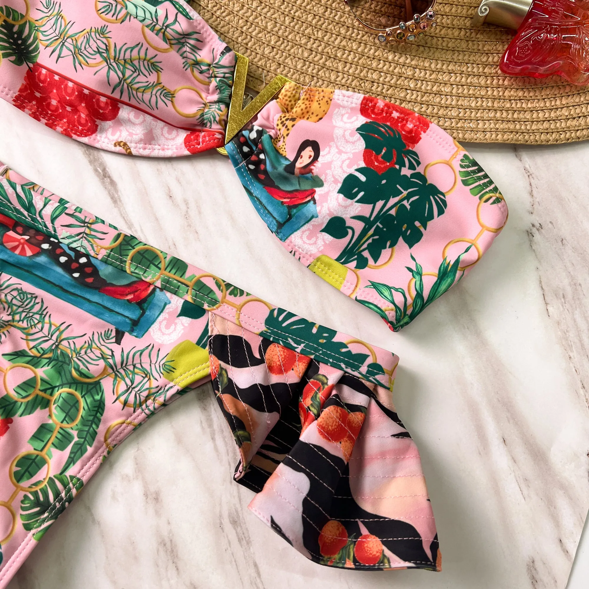 Pink Tropical Print One Shoulder Ruffle Bikini Set