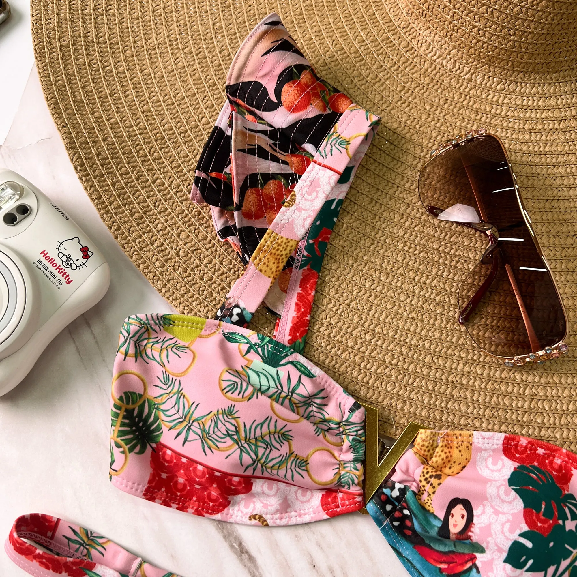 Pink Tropical Print One Shoulder Ruffle Bikini Set