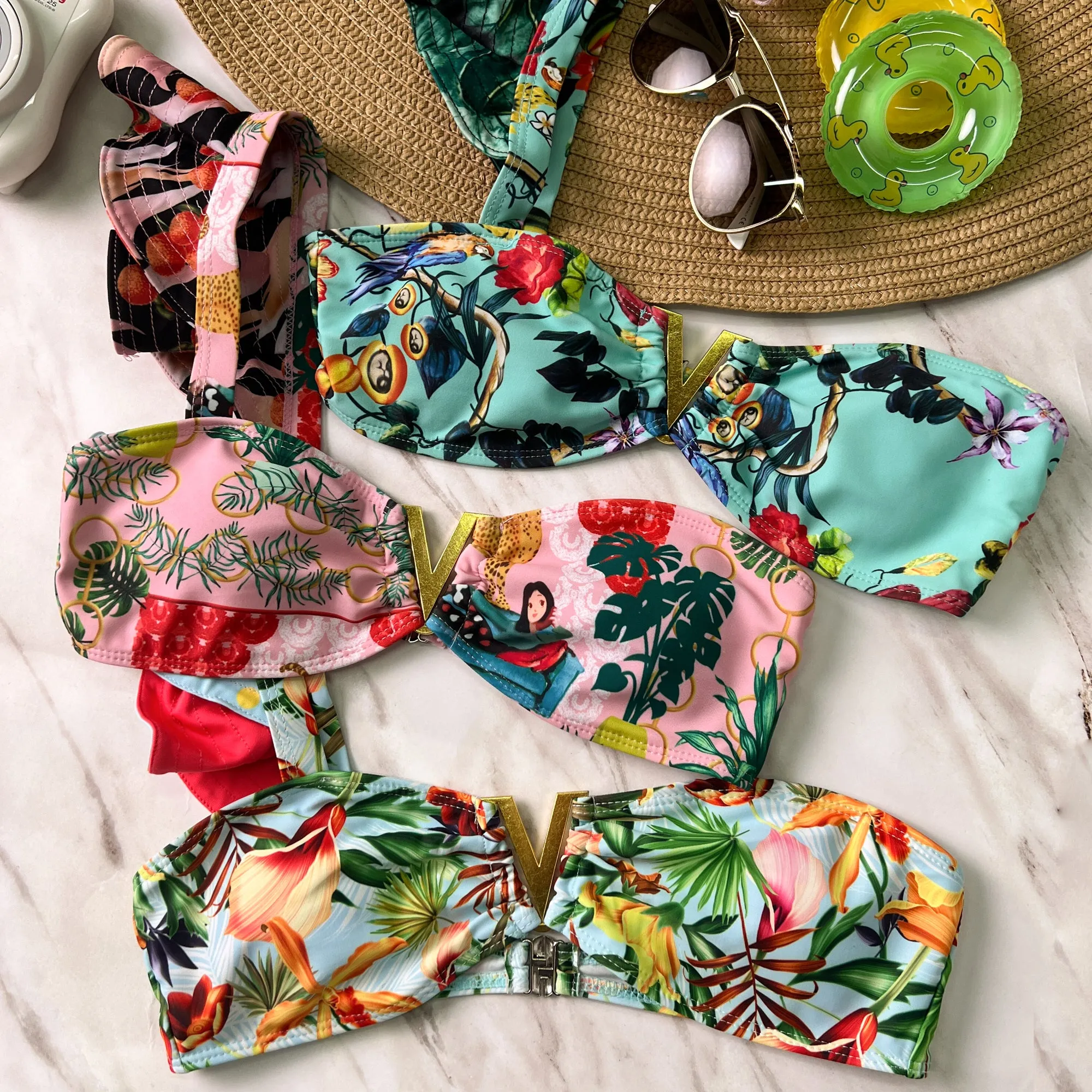 Pink Tropical Print One Shoulder Ruffle Bikini Set