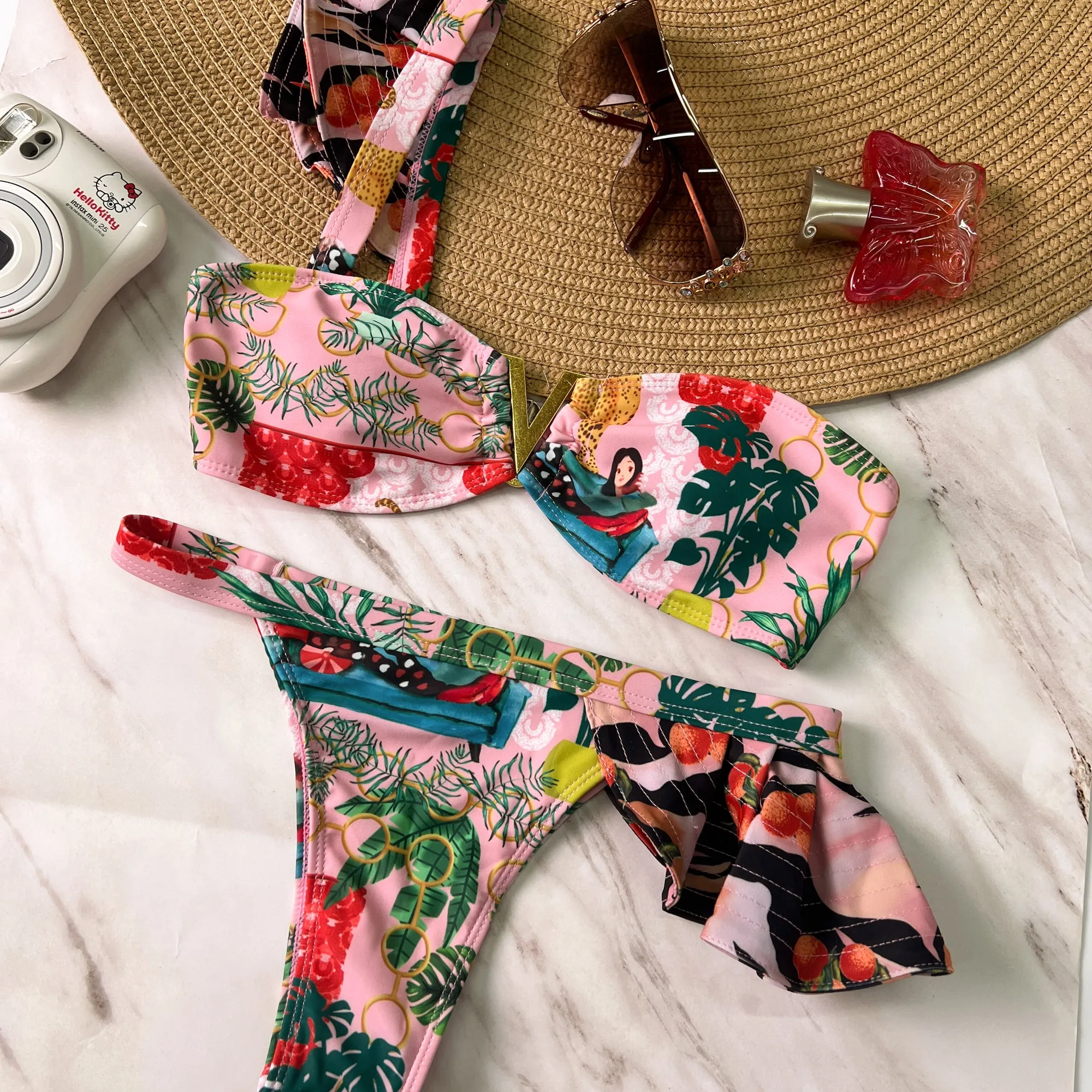 Pink Tropical Print One Shoulder Ruffle Bikini Set