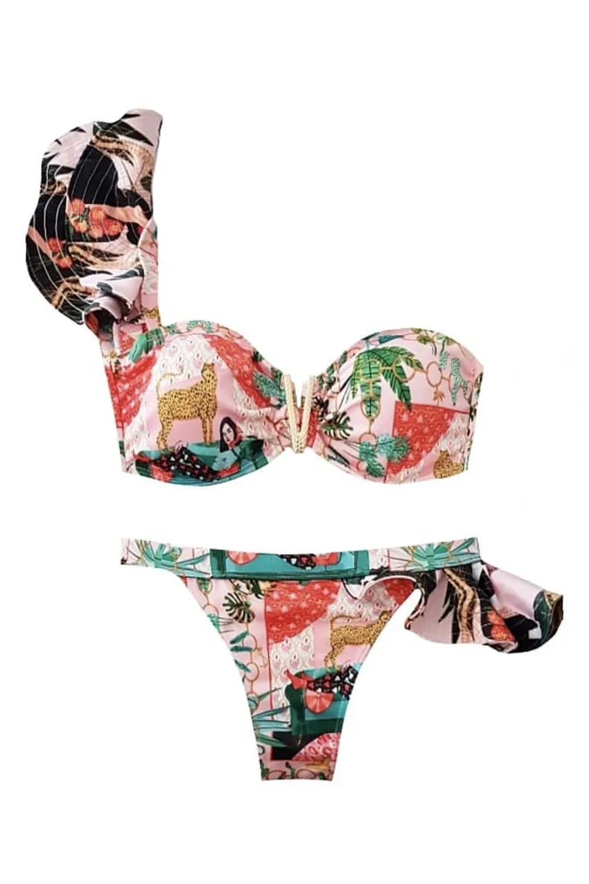 Pink Tropical Print One Shoulder Ruffle Bikini Set