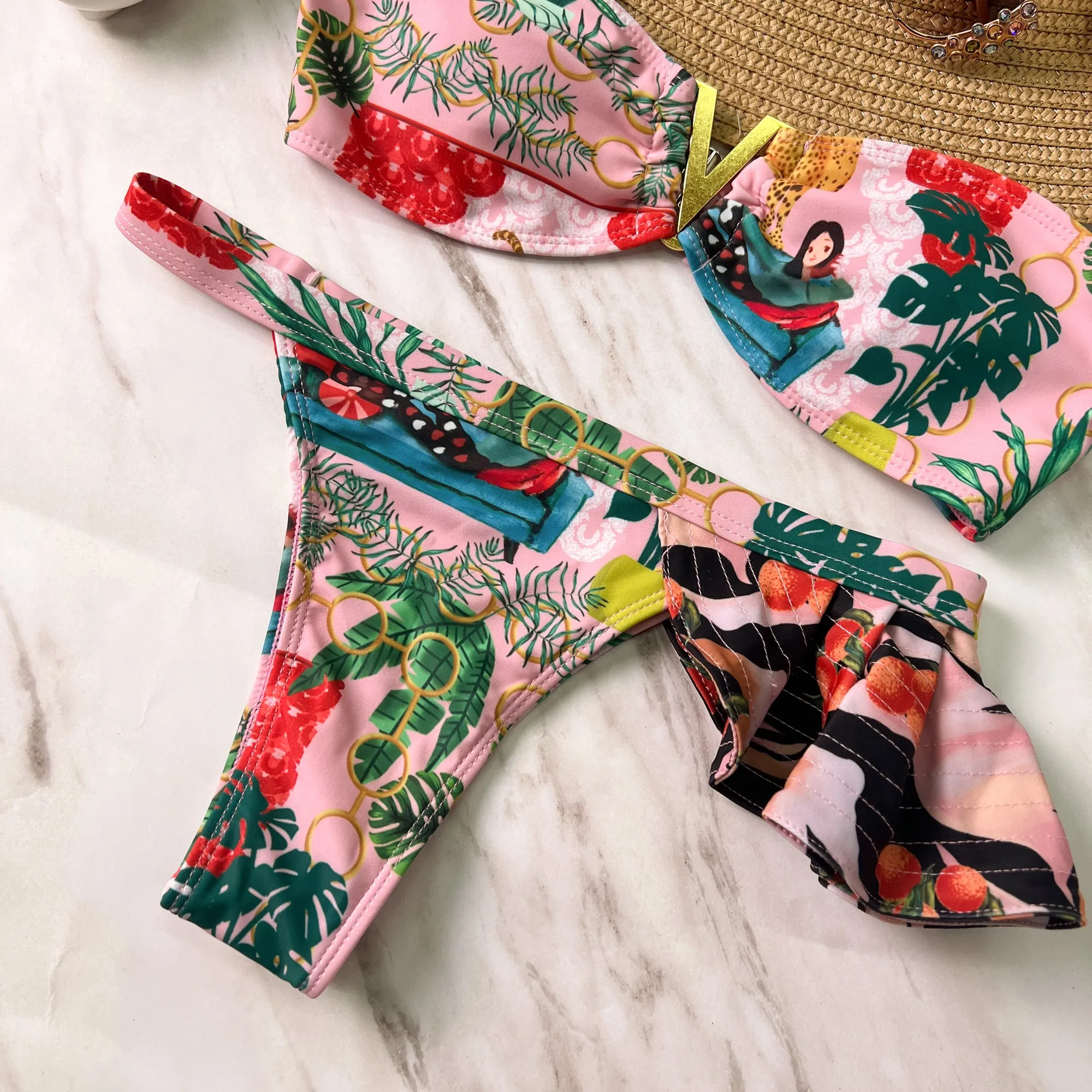 Pink Tropical Print One Shoulder Ruffle Bikini Set