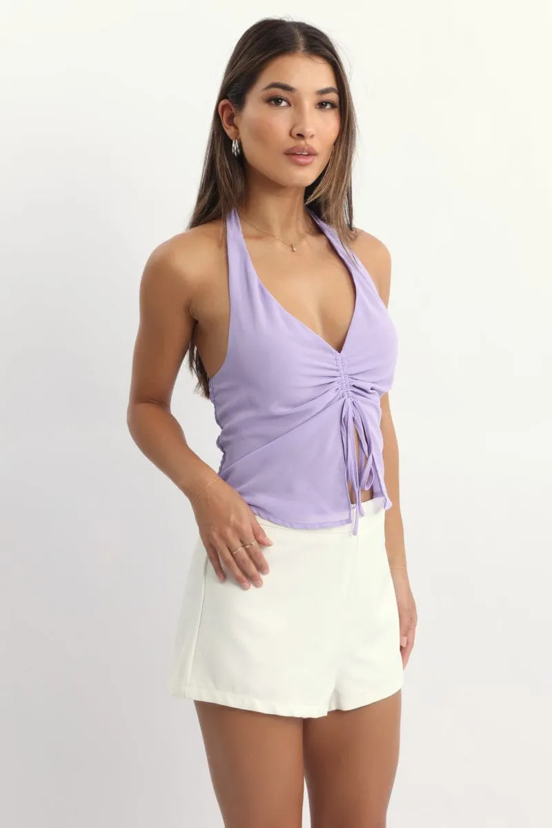 Purple Halter Top Sleeveless Ruched Front
