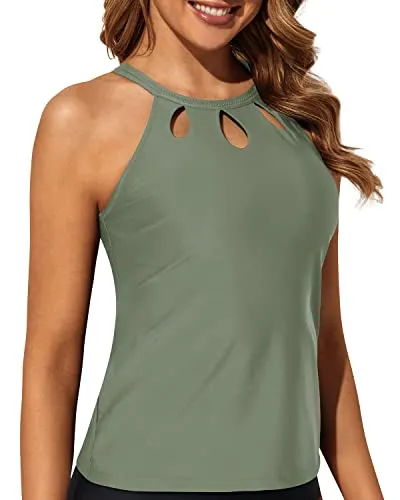 Push Up High Neck Tankini Top Halter Bathing Suit Tops-Olive Green