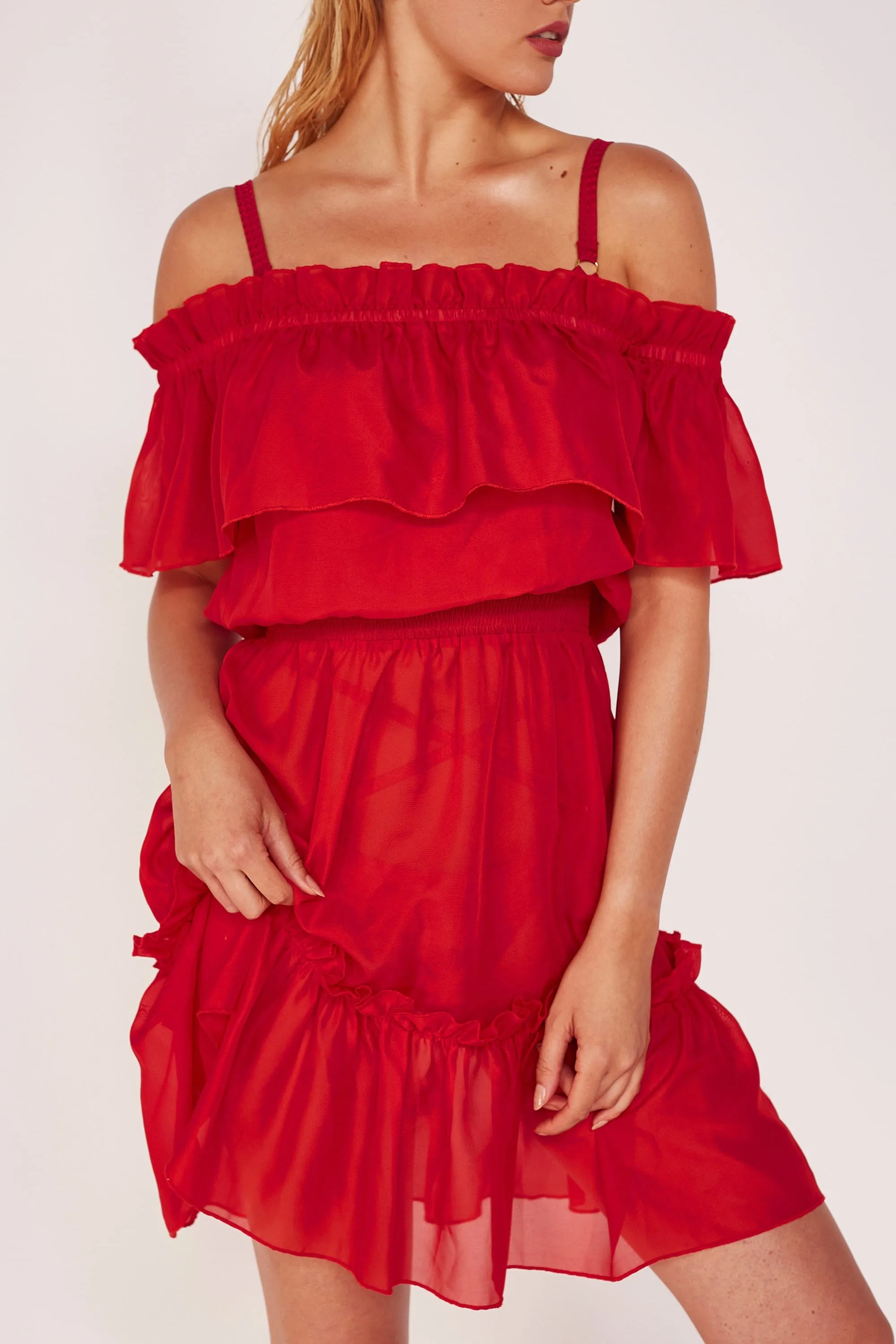 Red Bardot Frill Beach Dress