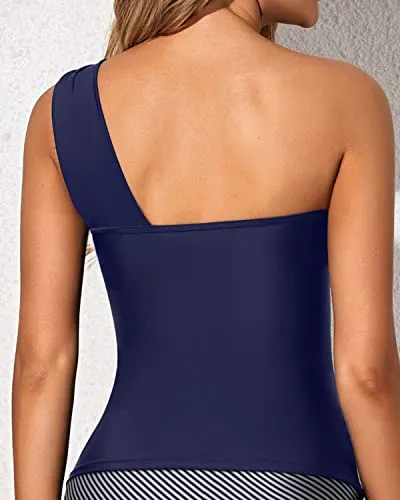 Removable Padded Push Up Bra Swim Top Asymmetric Cut Swim Tops-Navy Blue