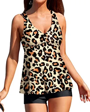 Removable Padded Push Up Tankini Tops Shorts And Boyshorts-Black And Leopard