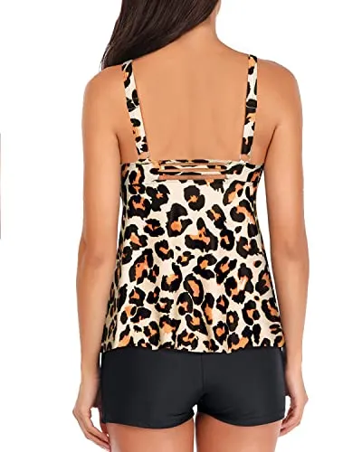 Removable Padded Push Up Tankini Tops Shorts And Boyshorts-Black And Leopard